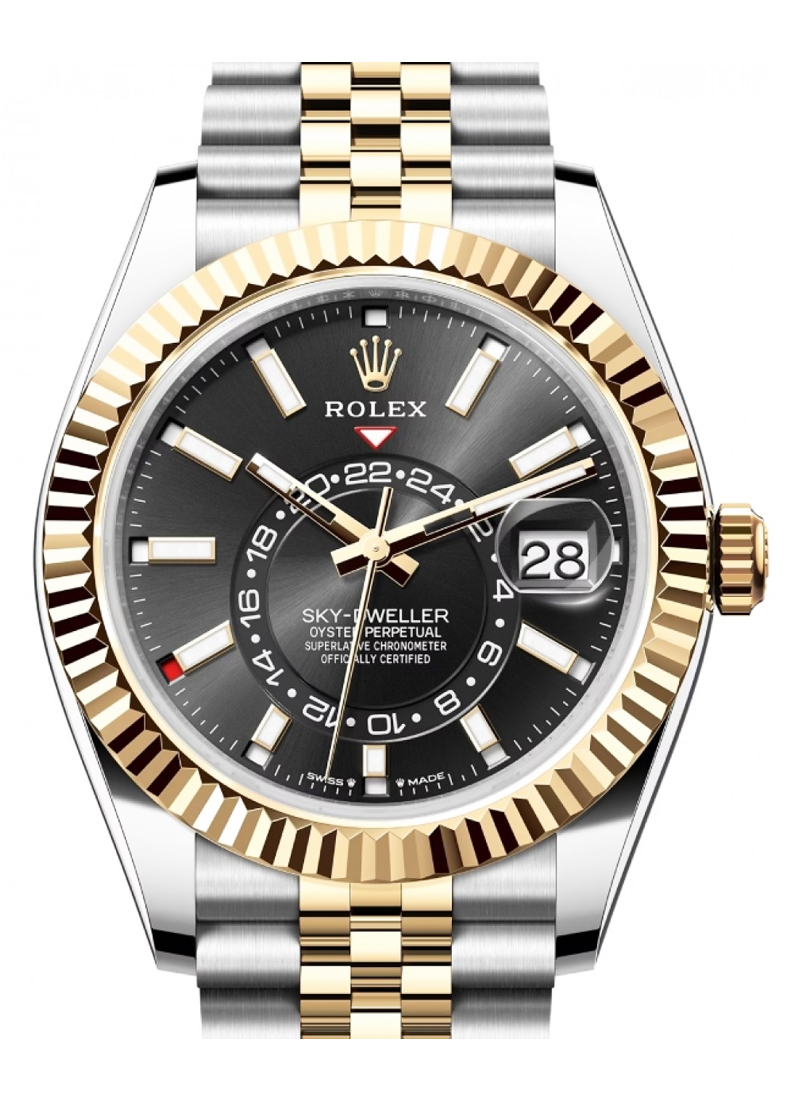 Pre-Owned Rolex Sky Dweller 42mm in Steel with Yellow Gold Fluted Bezel