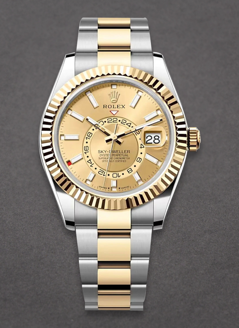 Pre-Owned Rolex Sky Dweller 42mm in Steel with Yellow Gold Fluted Bezel