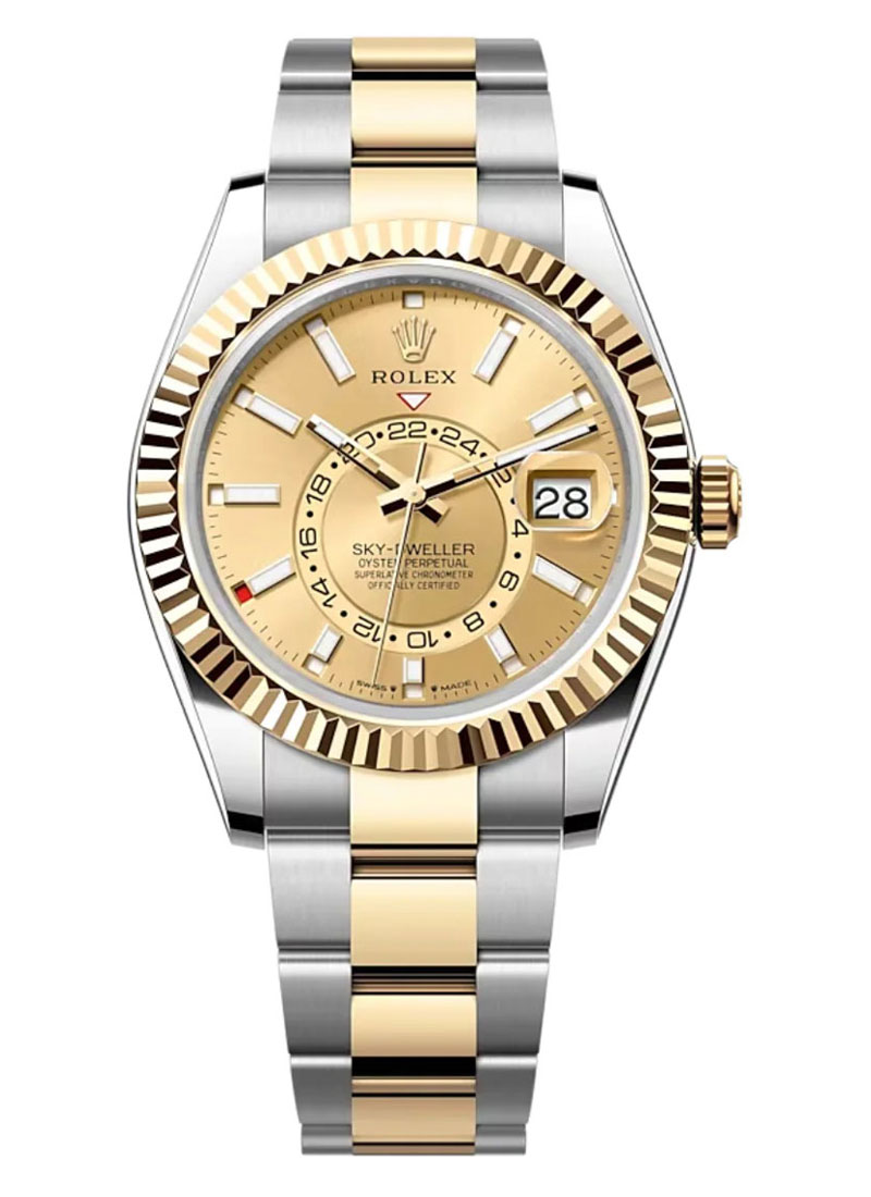 Pre-Owned Rolex Sky Dweller 42mm in Steel with Yellow Gold Fluted Bezel