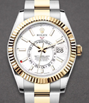 Sky Dweller 42mm in Steel with Yellow Gold Fluted Bezel on Oyster Bracelet with White Dial