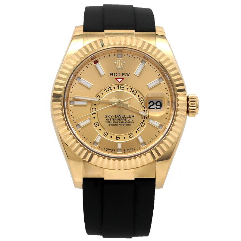 Sky Dweller 42mm in Yellow Gold with Fluted Bezel on Strap with Champagne Stick Dial