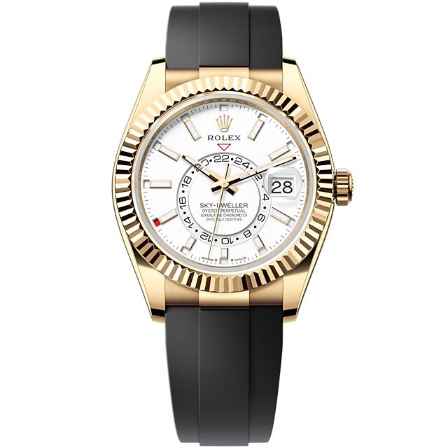 Sky Dweller 42mm in Yellow Gold with Fluted Bezel on Strap with White Stick Dial
