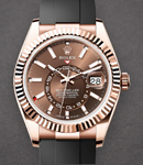 Sky Dweller 42mm in Rose Gold with Fluted Bezel on Strap with Brown Stick Dial