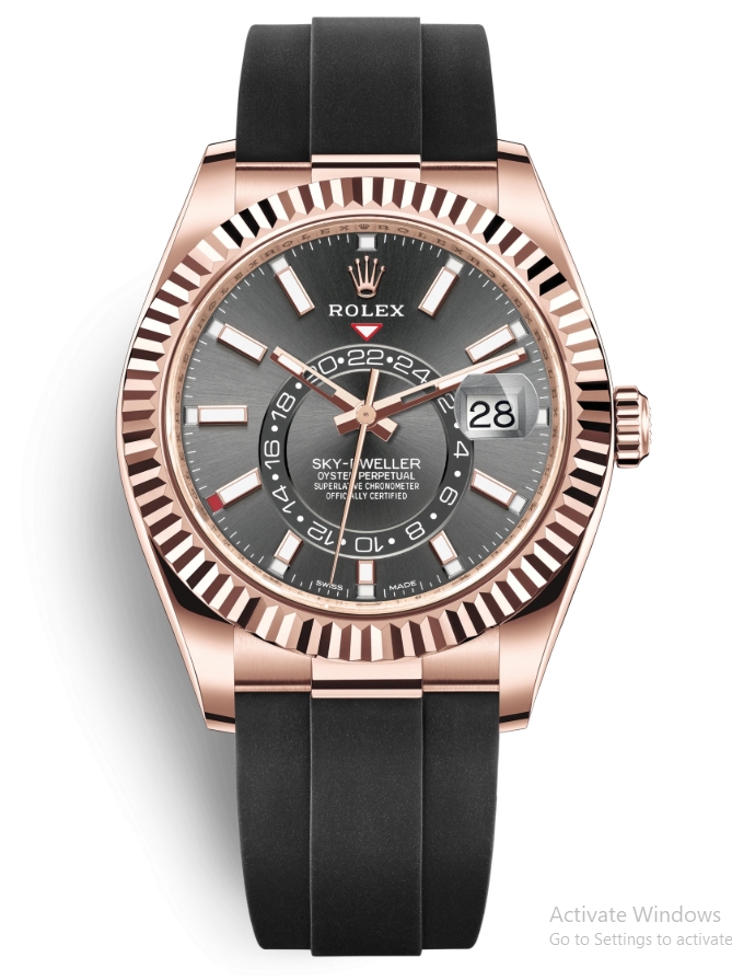 Sky Dweller 42mm in Rose Gold with Fluted Bezel on Strap with Rhodium Stick Dial