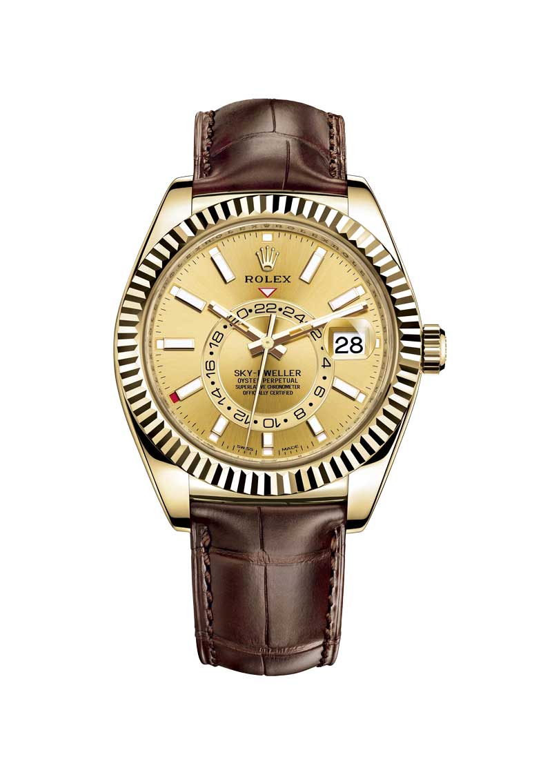Sky Dweller in Yellow Gold with Fluted Bezel on Strap with Champagne Stick Dial