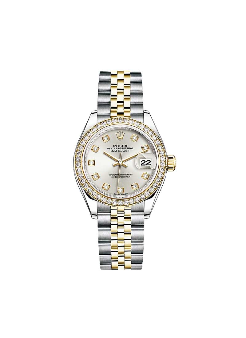 Ladies 28mm Datejust in Steel with Yellow Gold Diamond Bezel on Jubilee Bracelet with Silver Diamond Dial
