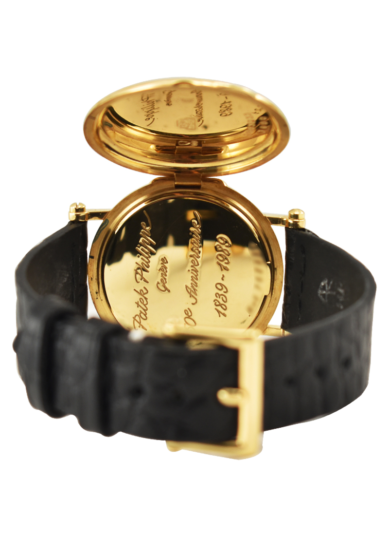 Calatrava 3960J 150th Anniversary Officers in Yellow Gold on Black Leather  Strap with Off White Dial