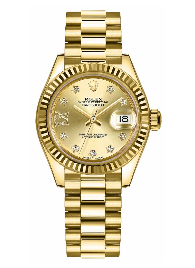 Ladies President in Yellow Gold with Fluted Bezel on Yellow Gold President Bracelet with Champagne Star Diamond Dial