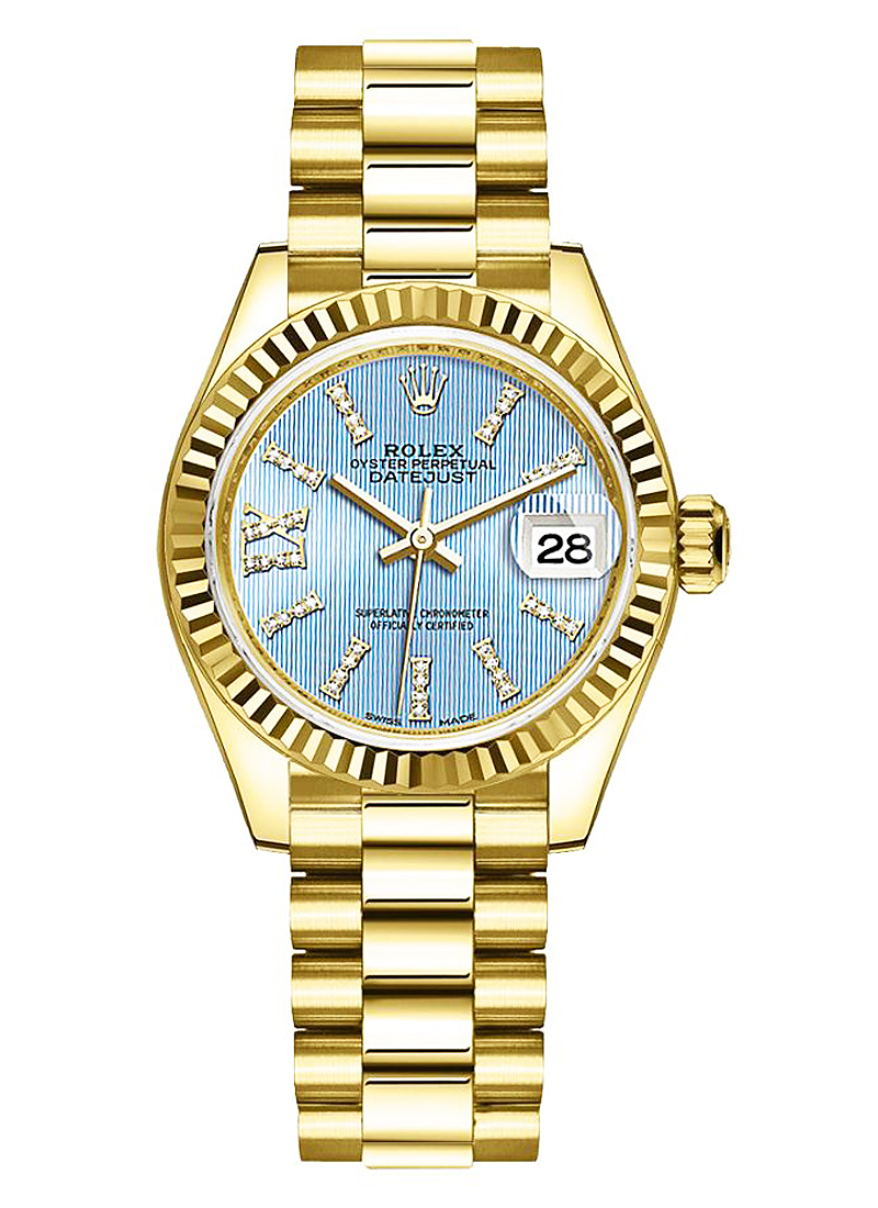 Ladies President in Yellow Gold with Fluted Bezel on Yellow Gold President Bracelet with Cornflower Blue Diamond Dial
