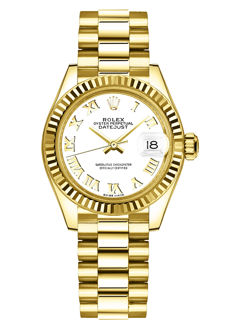 Ladies President in Yellow Gold with Fluted Bezel on Yellow Gold President Bracelet with White Roman Dial
