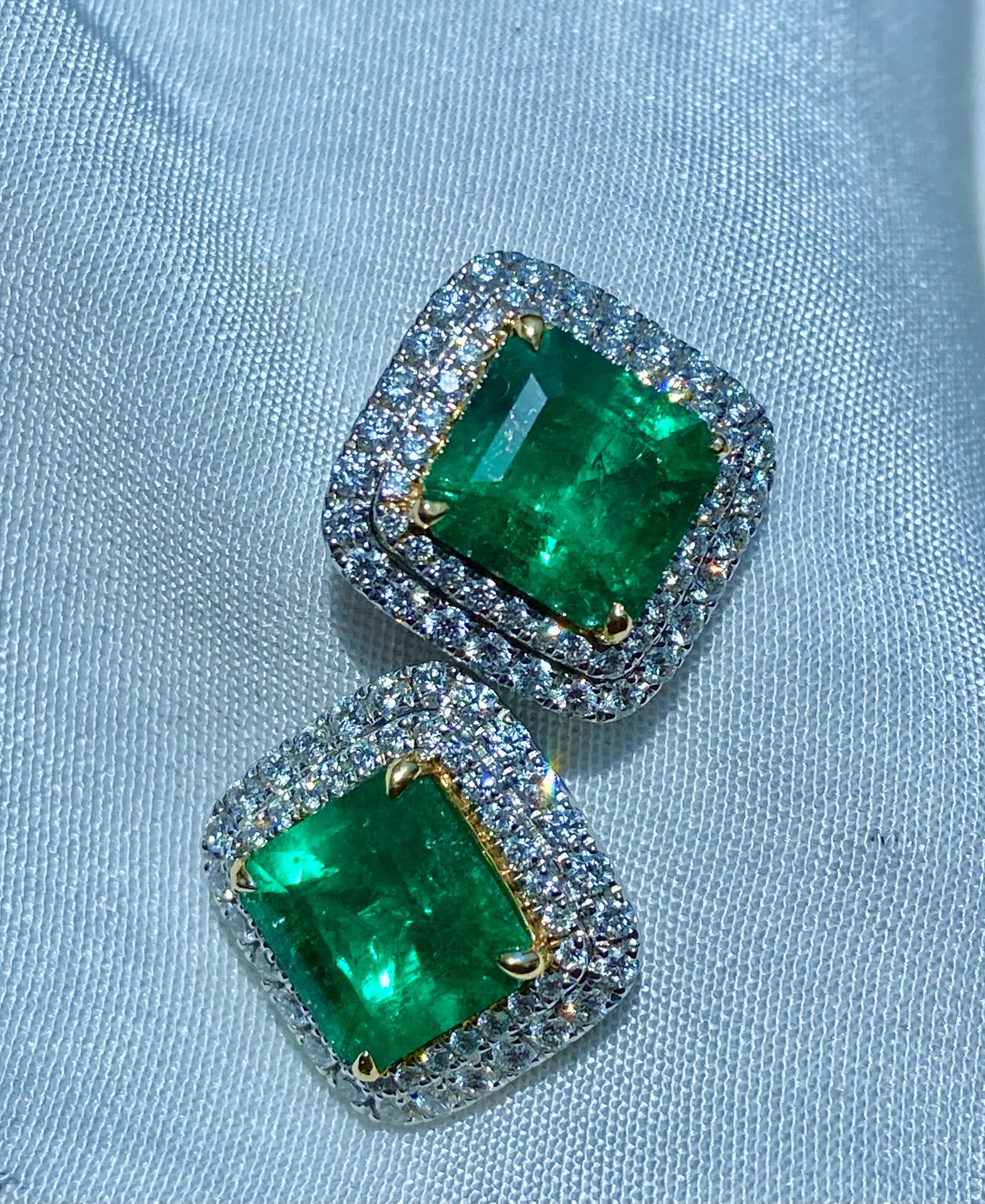Stunning matched pair of Colombian Emerald Diamond Earrings