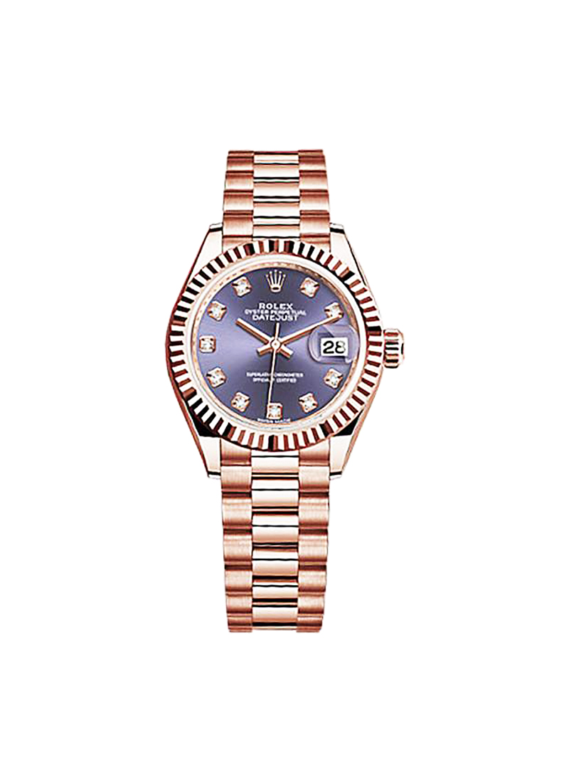 President 28mm Ladies in Rose Gold with Fluted Bezel on President Bracelet with Aubergine Diamond Dial