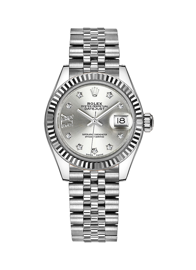 Ladies Datejust 28mm in Steel with Fluted Bezel on Jubilee Bracelet with Silver Diamond Dial-9 Roman Diamonds Set