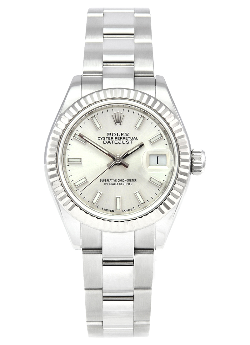 Ladies Datejust 28mm in Steel with White Gold Fluted Bezel on Oyster Bracelet with Silver Index Dial