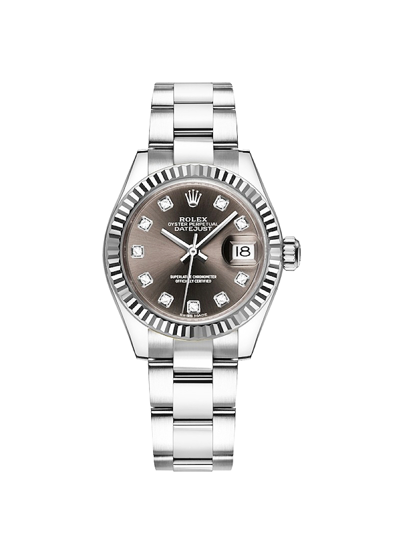 Ladies Datejust 28mm in Steel with White Gold Fluted Bezel on Oyster Bracelet with Dark Grey Diamond Dial