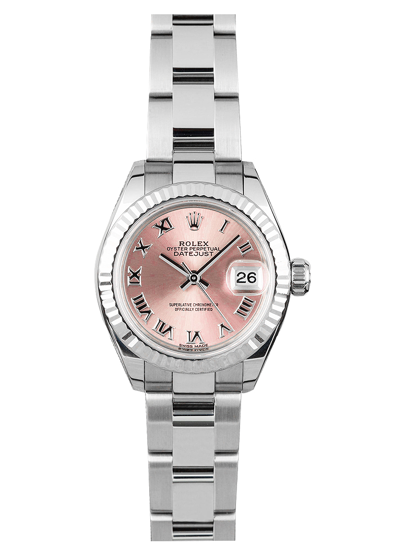 Ladies Datejust 28mm in Steel with White Gold Fluted Bezel on Oyster Bracelet with Pink Roman Dial