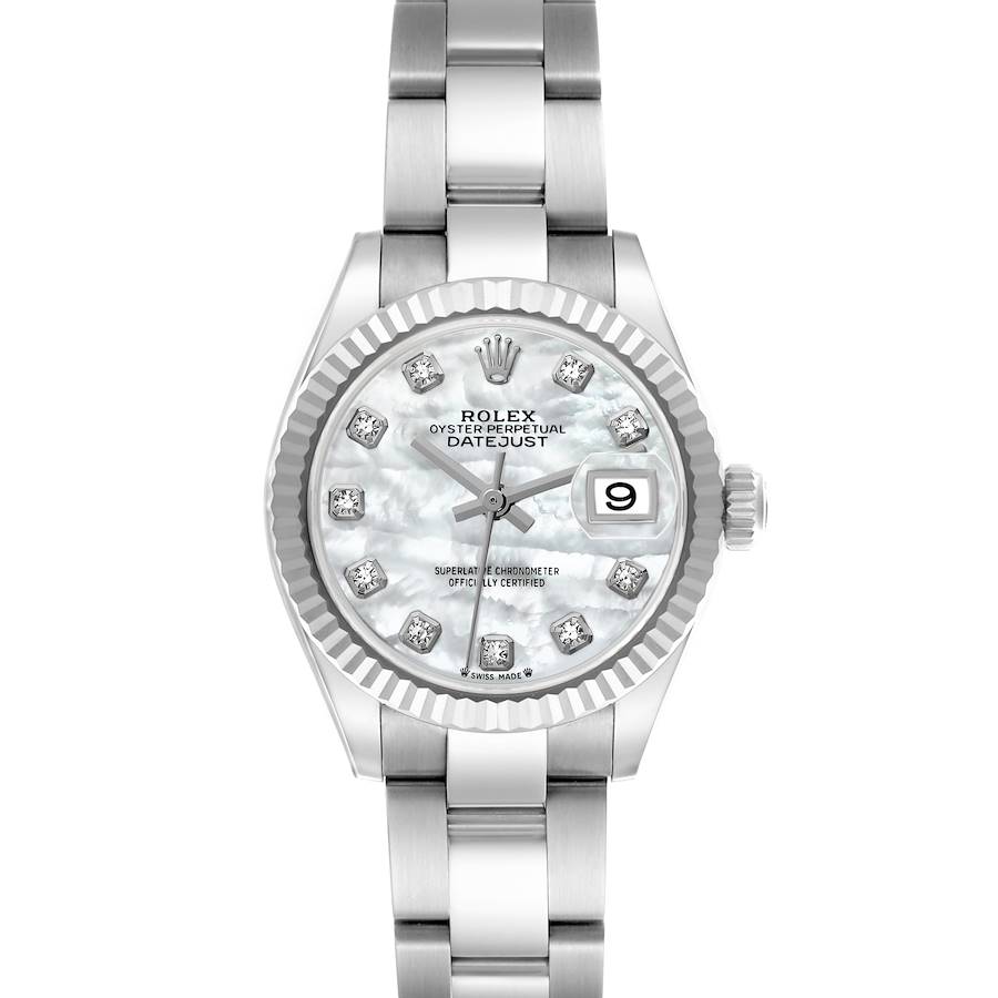 Ladies Datejust 28mm in Steel with White Gold Fluted Bezel on Oyster Bracelet with MOP Diamond Dial