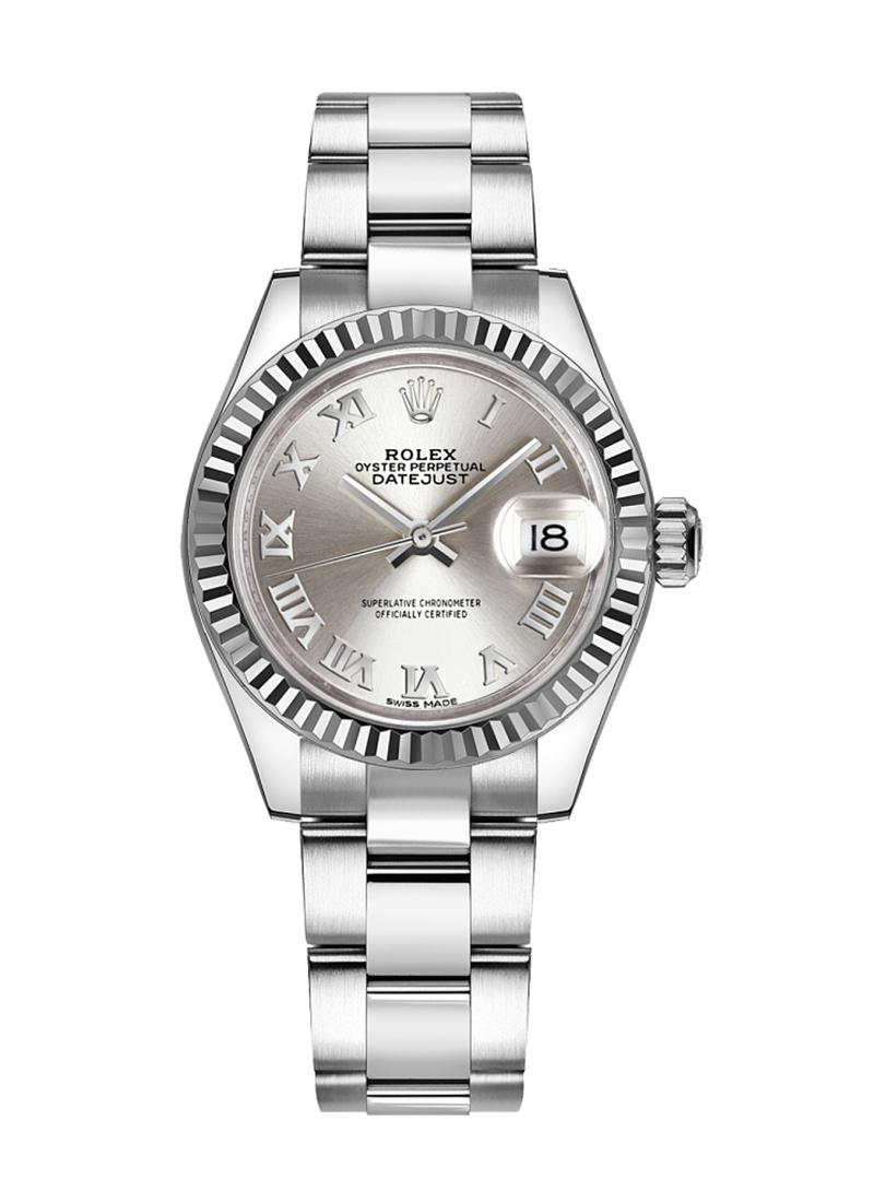 Ladies Datejust 28mm in Steel with White Gold Fluted Bezel on Oyster Bracelet with Silver Roman Dial