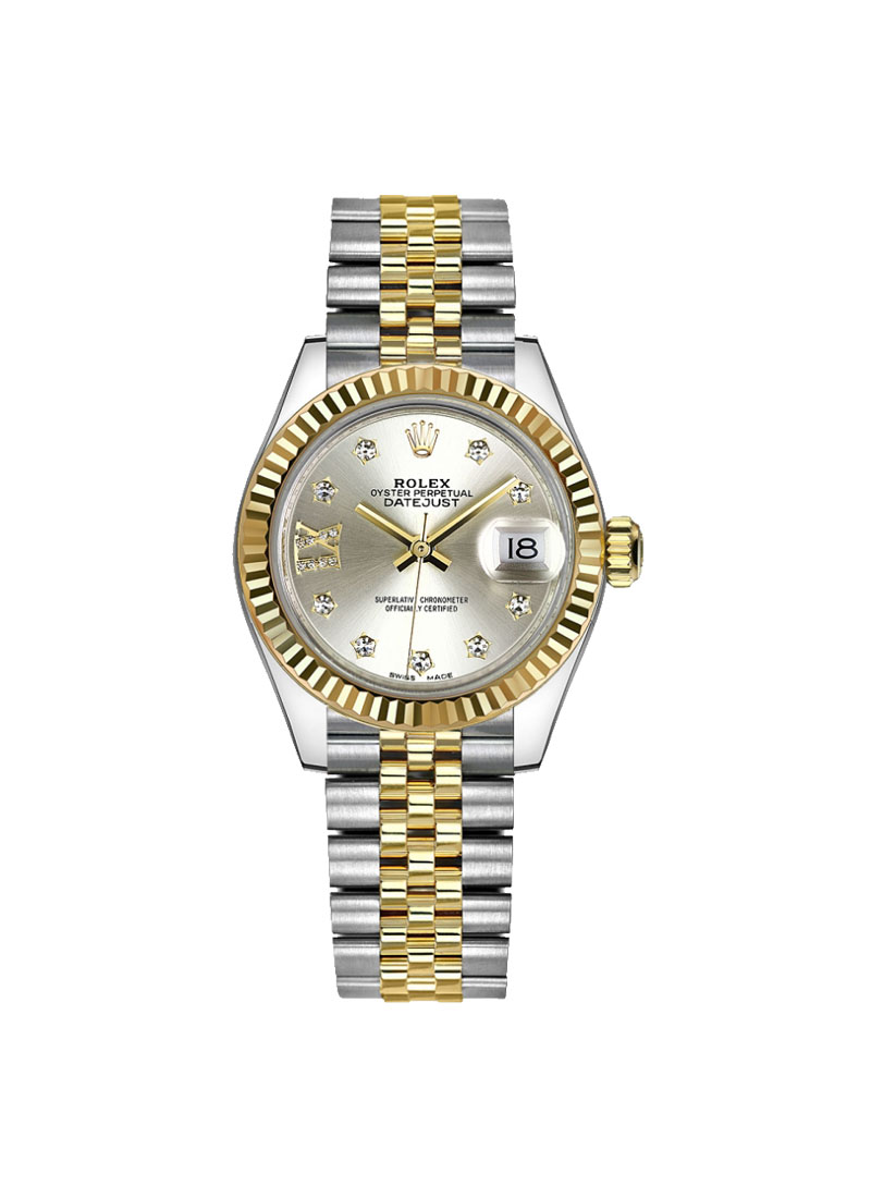 Datejust Ladies 28mm in Steel with Yellow Gold Fluted Bezel on Jubilee Bracelet with Silver Star Diamond  Dial