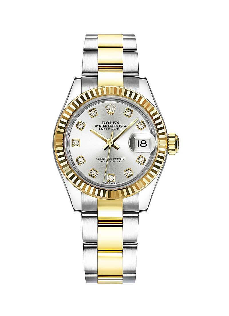Datejust 26mm in Steel with Yellow Gold Fluted Bezel on Oyster Bracelet with Silver Diamond Dial