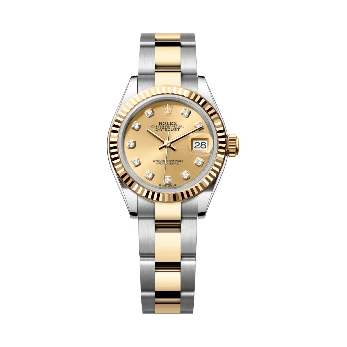 Datejust 26mm in Steel with Yellow Gold Fluted Bezel on Oyster Bracelet with Champagne Diamond Dial