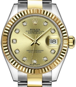 Datejust 26mm in Steel with Yellow Gold Fluted Bezel on Oyster Bracelet with Champagne Diamond Dial