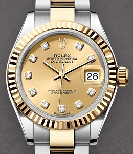 Datejust 26mm in Steel with Yellow Gold Fluted Bezel on Oyster Bracelet with Champagne Diamond Dial