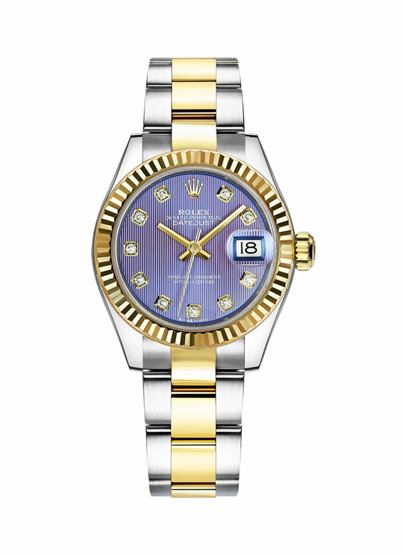 Datejust 26mm in Steel with Yellow Gold Fluted Bezel on Oyster Bracelet with Lavender Diamond Dial