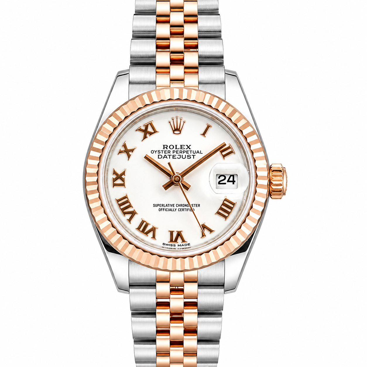 Lady's Datejust 26mm in Steel with Rose Gold Fluted Bezel on Jubilee Bracelet with White Roman Dial