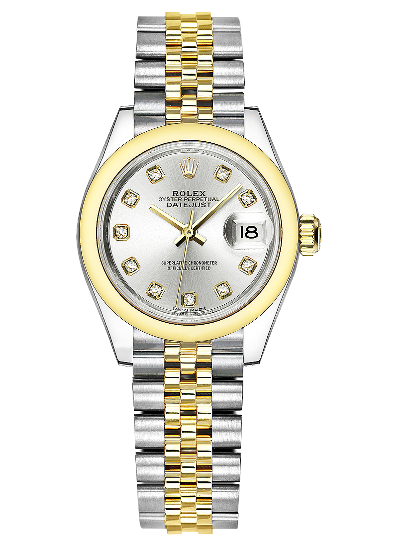 Datejust 26mm in Steel with Yellow Gold Domed Bezel on Jubilee Bracelet with Silver Diamond Dial