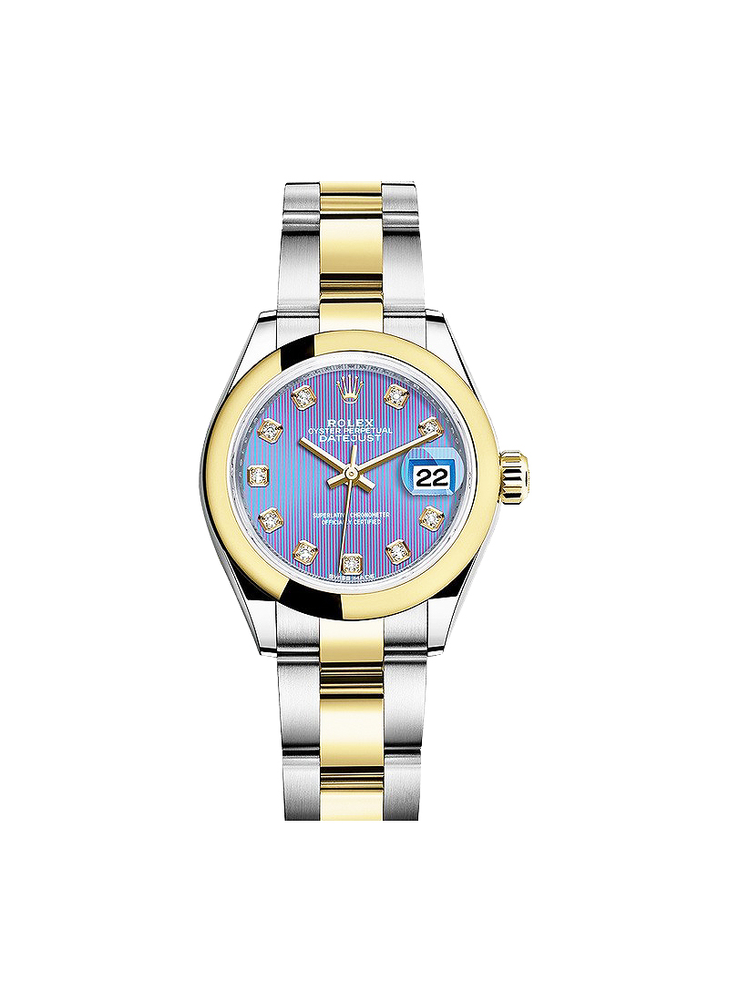 Datejust 26mm in Steel with Yellow Gold Domed Bezel on Oyster Bracelet with Lavender Diamond Dial