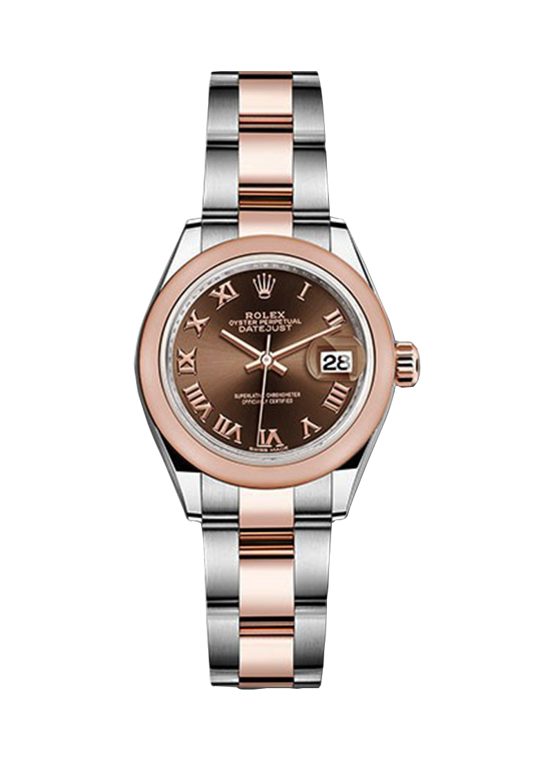 Datejust 28mm Automatic in Steel with Rose Gold Domed Bezel on Oyster Bracelet with Chocolate Roman Dial