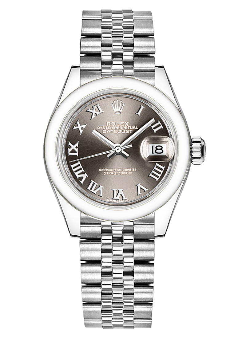 Datejust Ladies 26mm in Steel with Smooth Bezel on Jubilee Bracelet with Dark Grey Roman Dial