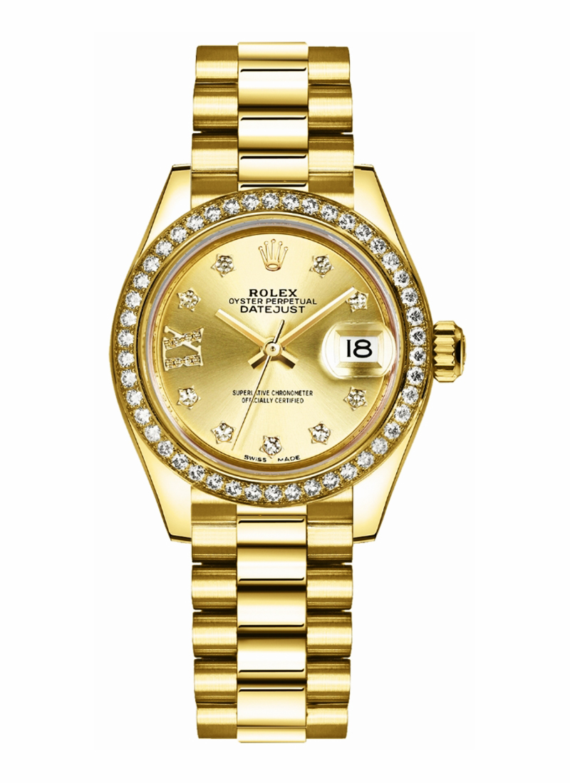 President 28mm in Yellow Gold with Diamond Bezel on Yellow Gold President Bracelet with Champagne Diamond Dial