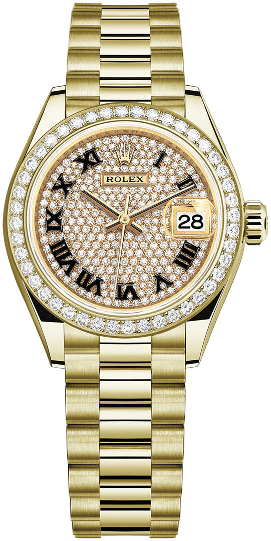 President 28mm in Yellow Gold with Diamond Bezel on Yellow Gold President Bracelet with Pave Diamond Dial