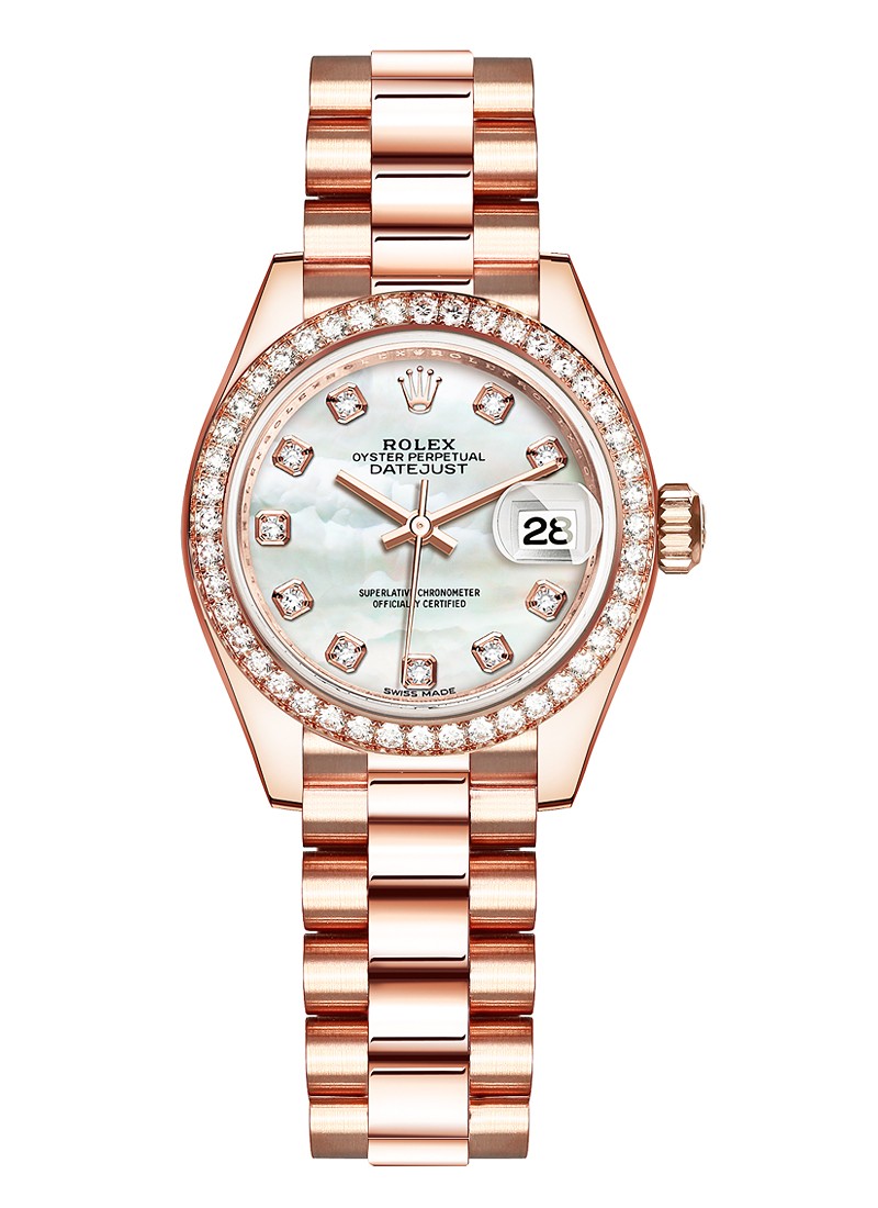 Datejust 28mm Automatic in Rose Gold with Diamond Bezel On Rose Gold President Bracelet with MOP Diamond  Dial