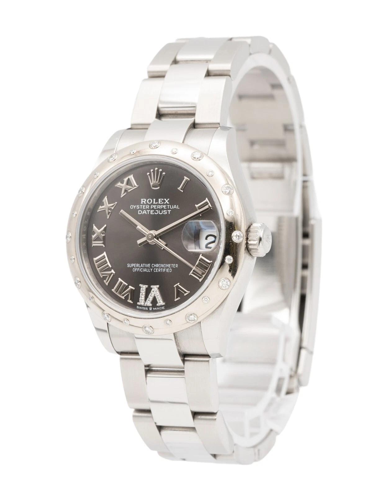Datejust 31mm in Steel with Diamond Bezel on Oyster Bracelet with Dark Grey Roman Dial - Diamonds on 6