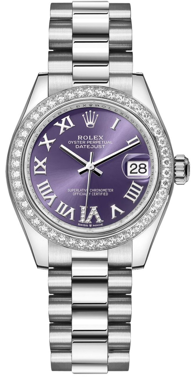 Datejust 31mm in White Gold with Diamond Bezel on President Bracelet with Purple Roman Dial - Diamonds on 6