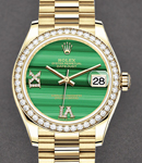 President 31mm in Yellow Gold with Diamond Bezel on President Bracelet with Malachite Dial with Diamond at IV & IX