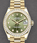 President 31mm in Yellow Gold with Diamond Bezel on President Bracelet with Olive Green Diamond Dial