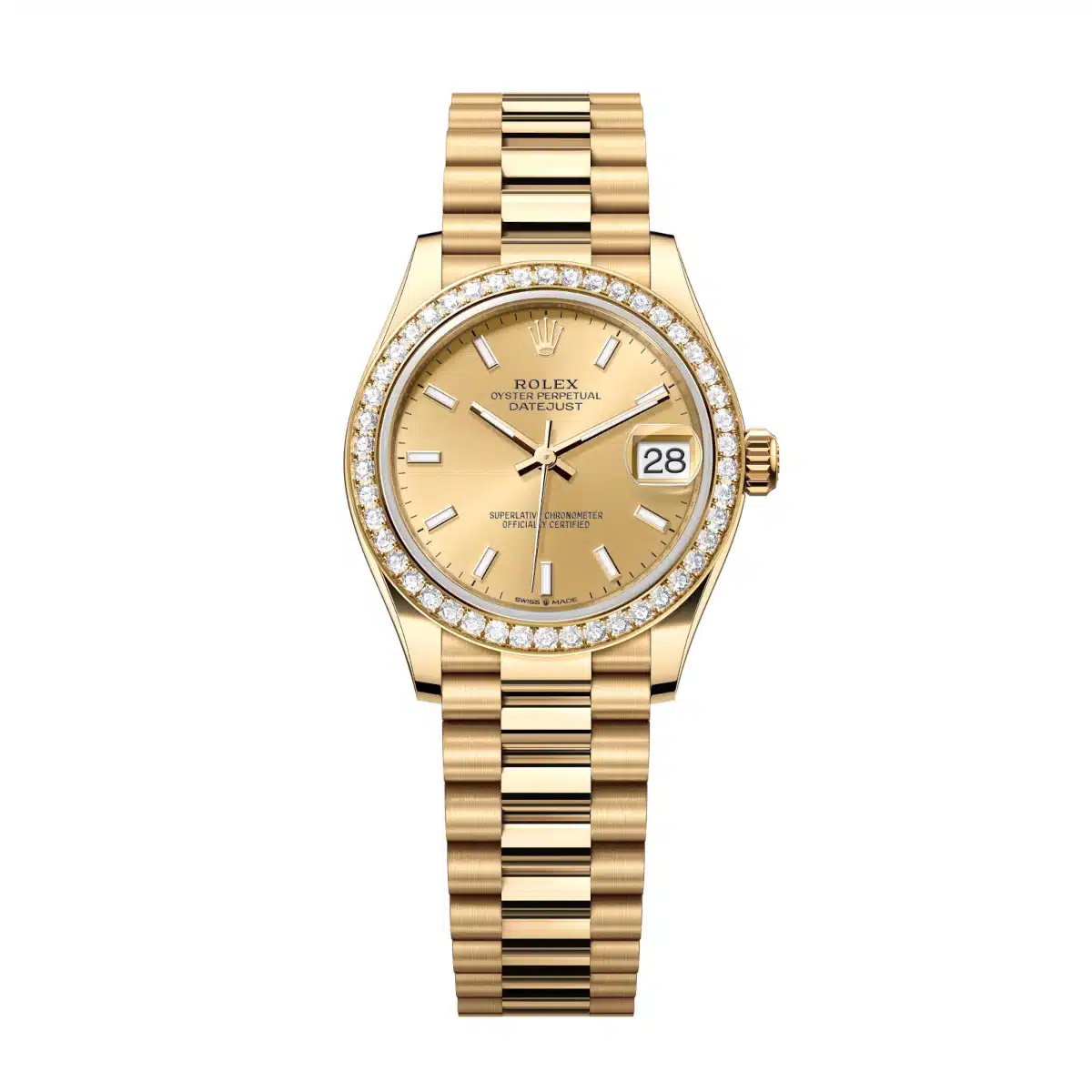 President 31mm in Yellow Gold with Diamond Bezel on President Bracelet with Champagne Stick Dial