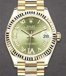 Midsize President in Yellow Gold with Fluted Bezel on President Bracelet with Green Roman Dial - Diamonds on 6