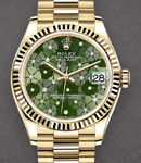 Midsize President in Yellow Gold with Fluted Bezel on President Bracelet with Green Floral Diamond Dial