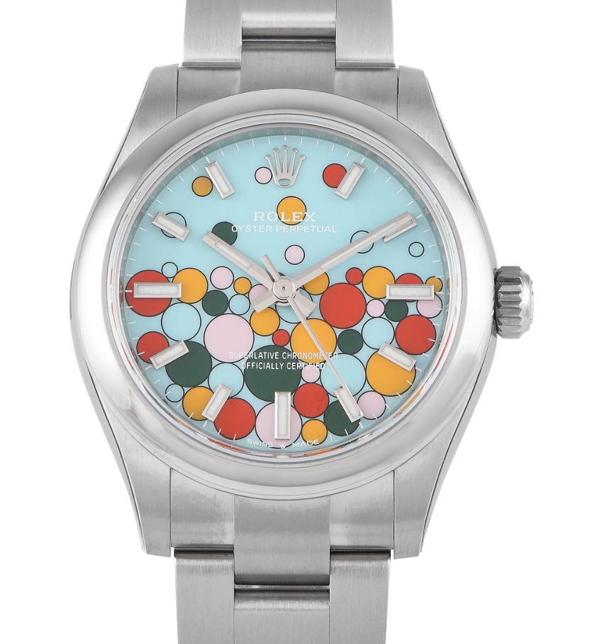 Oyster Perpetual No Date 31mm in Steel with Domed Bezel on Oyster Bracelet with Turquoise Blue Celebration Motif Dial