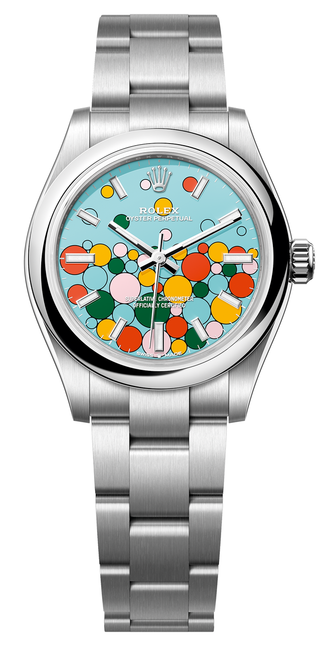 Oyster Perpetual No Date 31mm in Steel with Domed Bezel  on Oyster Bracelet with Turquoise Blue Celebration Motif Dial