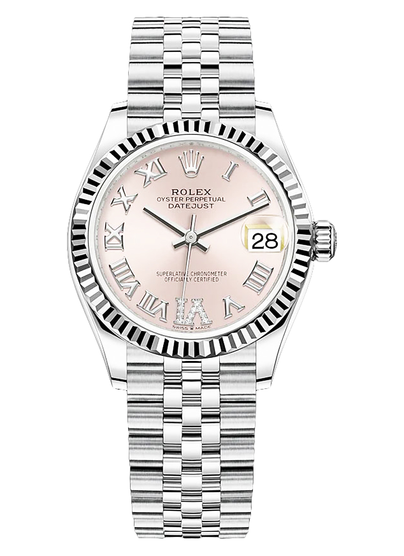 Mid Size 31mm Datejust in Steel with Fluted Bezel  on Bracelet with Pink Roman Dial - Diamonds on VI