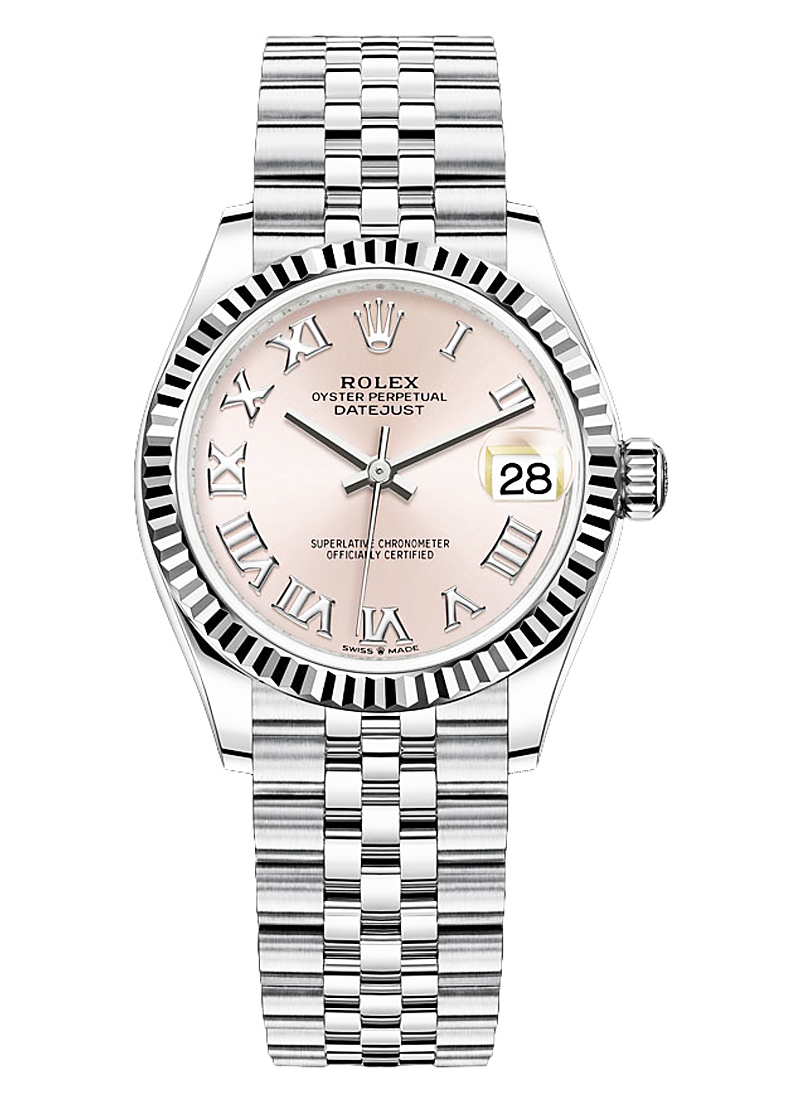 Mid Size 31mm Datejust in Steel with Fluted Bezel on Bracelet with Pink Roman Dial
