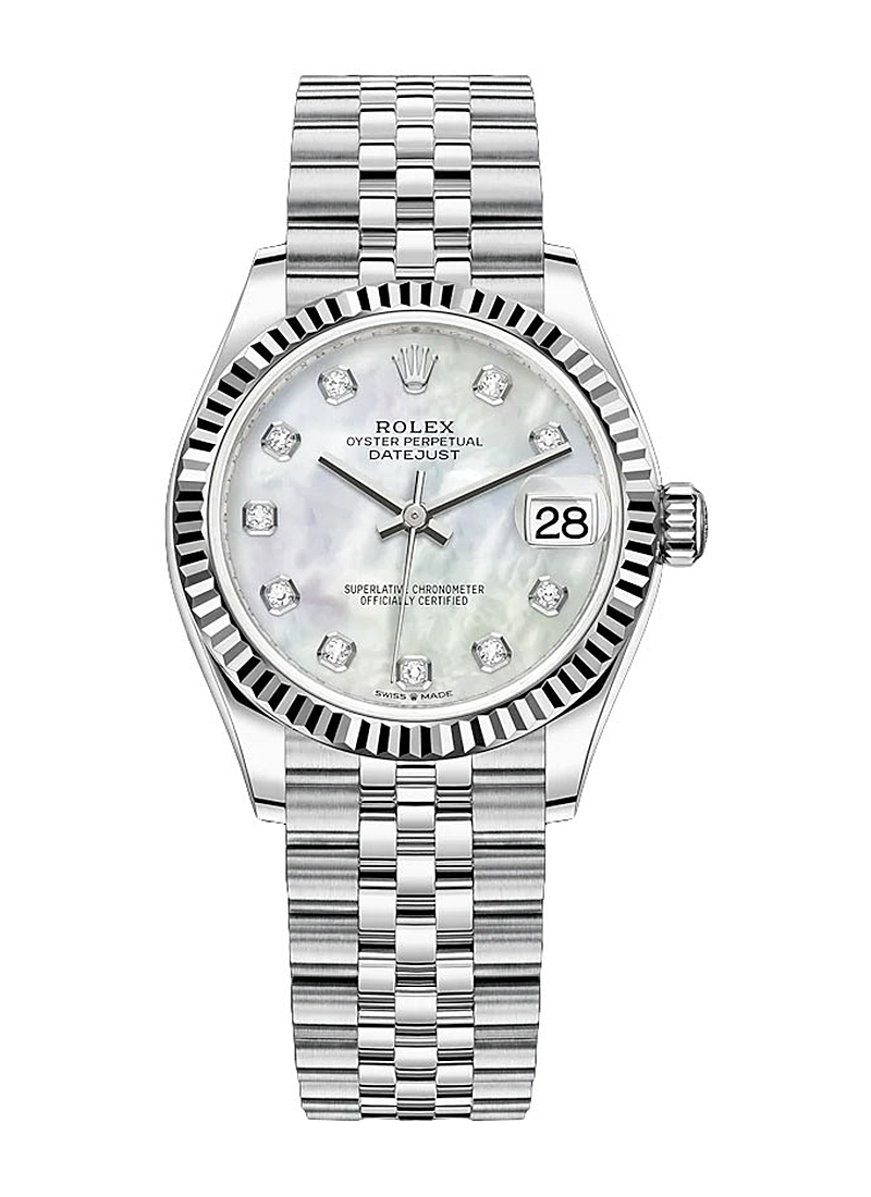 Mid Size 31mm Datejust in Steel with Fluted Bezel on Bracelet with MOP Diamond Dial