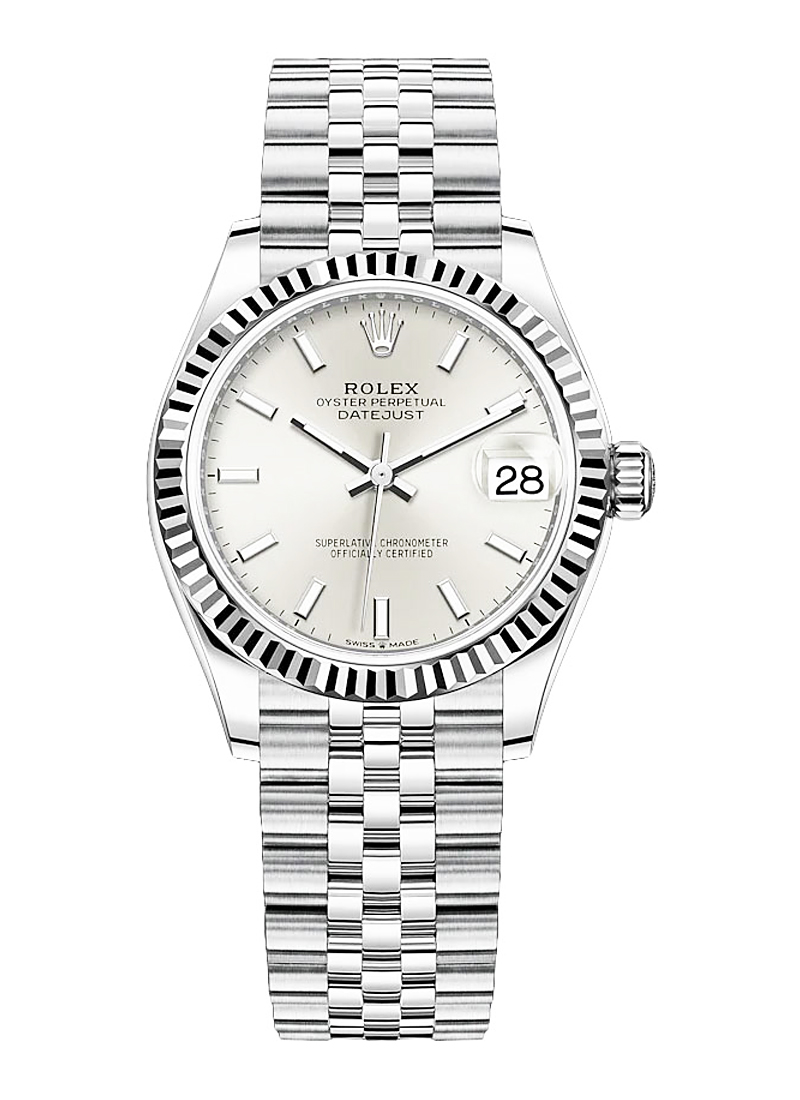 Mid Size 31mm Datejust in Steel with Fluted Bezel on Bracelet with Silver Stick Dial