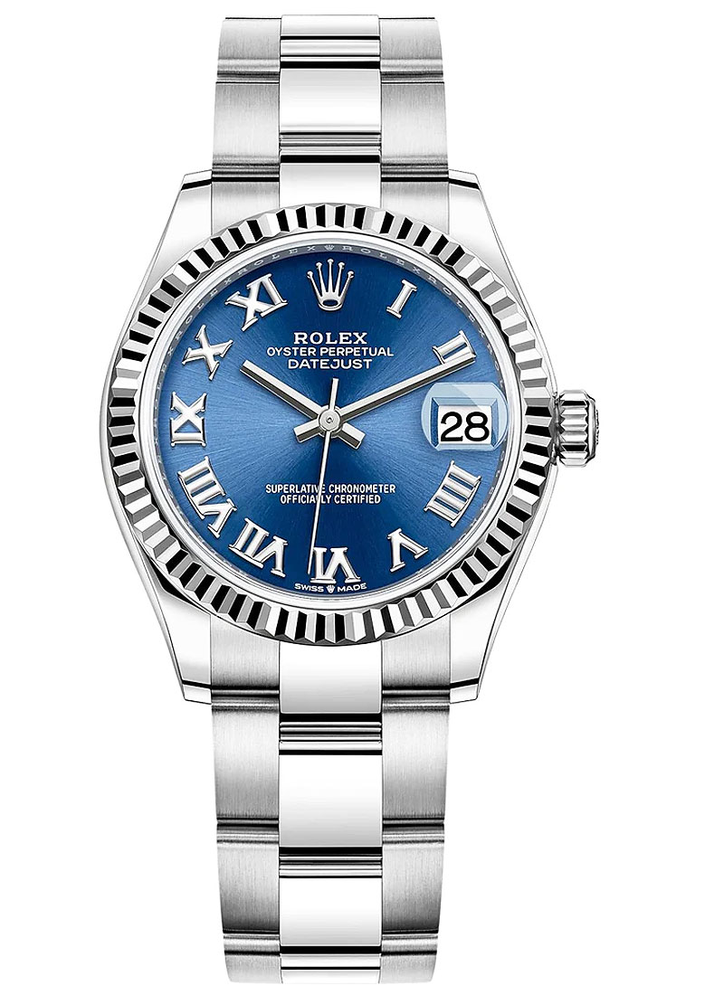 Mid Size 31mm Datejust in Steel with Fluted Bezel on Bracelet with Blue Roman Dial